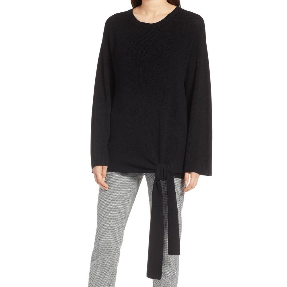 Halogen black tie front crewneck rib knit pullover sweater large petite MSRP 89
